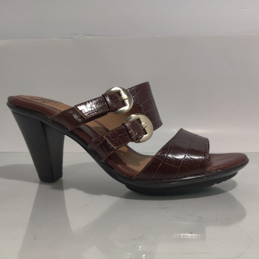 Sofft Brown Croc-Embossed Leather Buckle High Heel Sandals